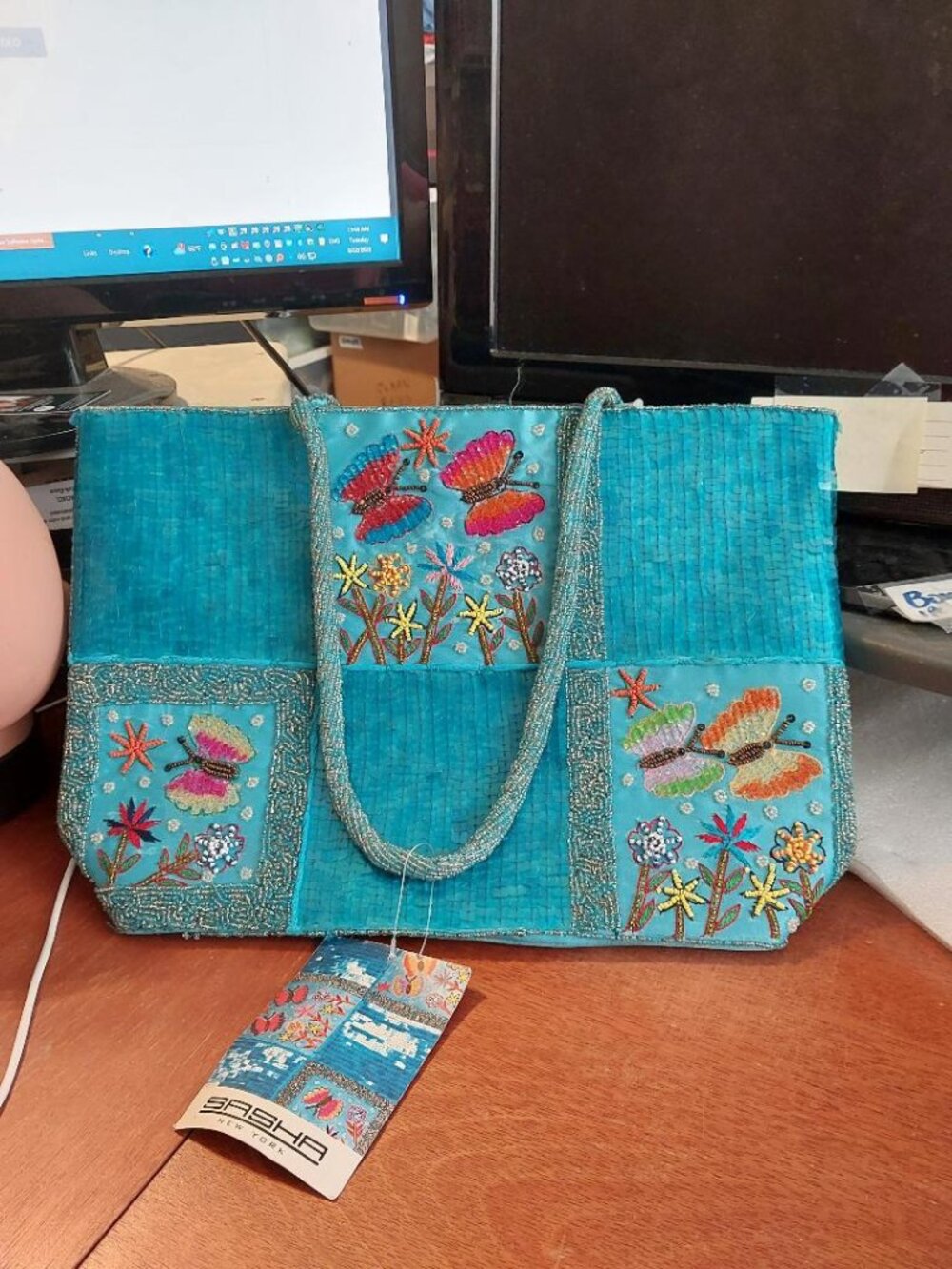 NEW TAG ! Vintage Hand Beaded Buffterfly & Floral Tote Bag Blue Sequin Patchwork